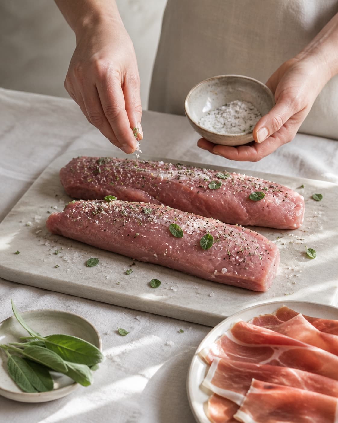 One single photorealistic instructional frame of the main ingredient being evenly coated with seasoning for Svinemørbrad med parmaskinke, featuring svinemørbrad, parmaskinke, frisk salvie, with only the named equipment and no unrelated food, text, logos or packaging under tilberedningen af svinemørbrad med parmaskinke