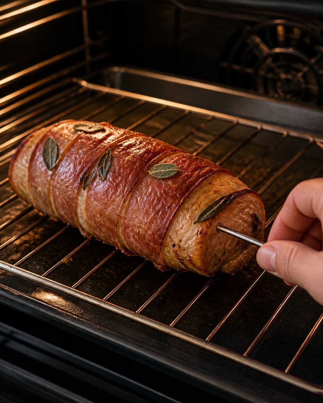 One single photorealistic instructional frame of the seasoned main ingredient roasting until properly cooked for Svinemørbrad med parmaskinke, featuring svinemørbrad, parmaskinke, frisk salvie, with only the named equipment and no unrelated food, text, logos or packaging under tilberedningen af svinemørbrad med parmaskinke