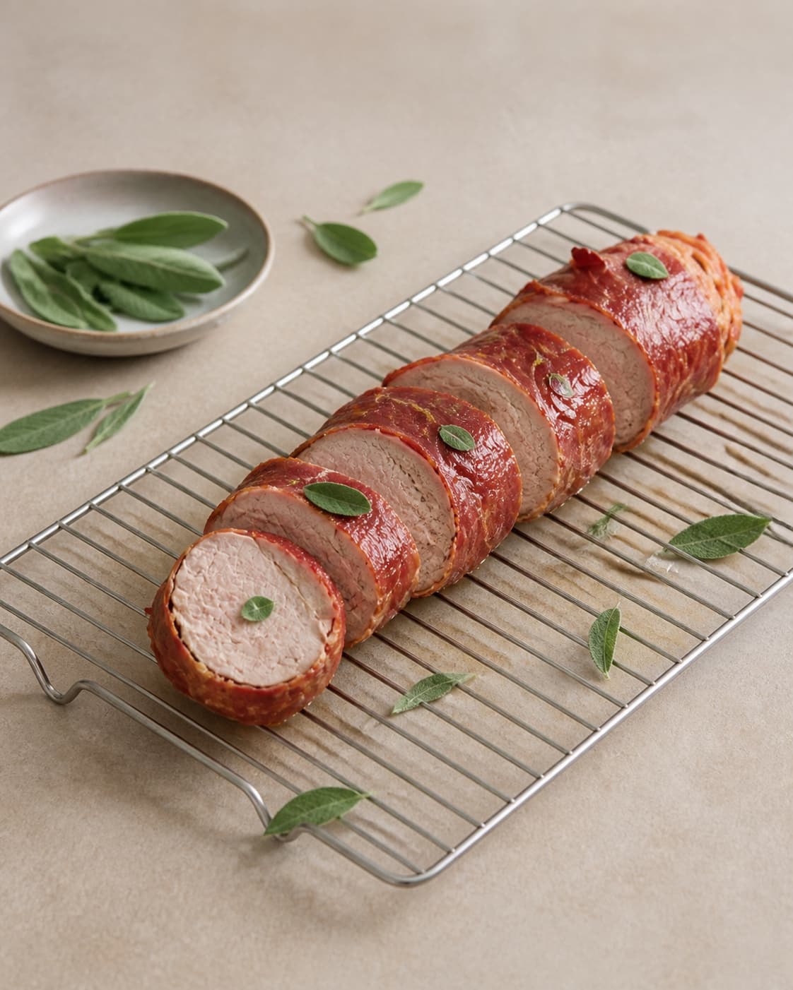 One single photorealistic instructional frame of the cooked ingredient resting uncovered on one rack or platter for Svinemørbrad med parmaskinke, featuring svinemørbrad, parmaskinke, frisk salvie, with only the named equipment and no unrelated food, text, logos or packaging under tilberedningen af svinemørbrad med parmaskinke