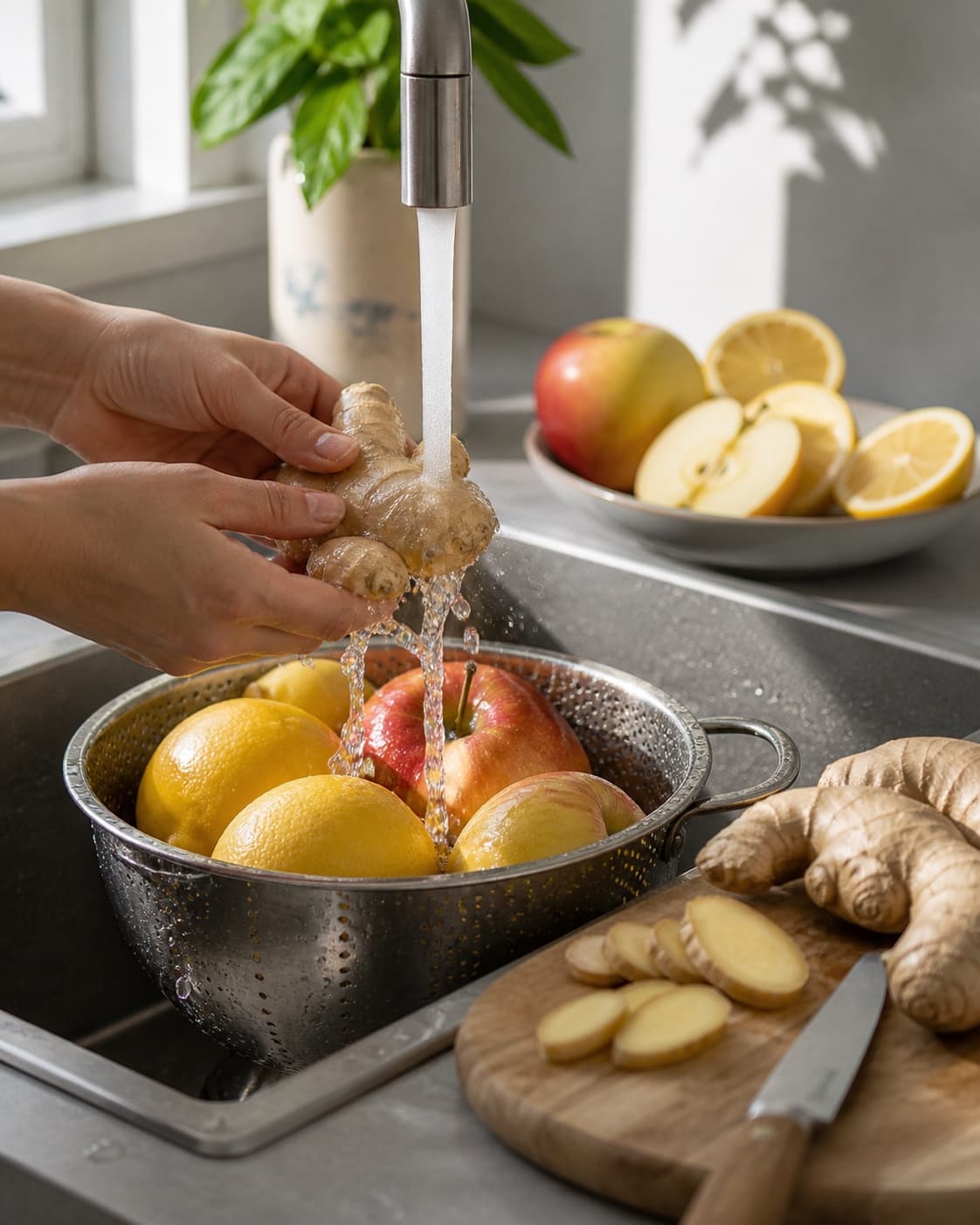 One single photorealistic instructional frame of fresh produce being washed and trimmed for Ingefærshots, featuring frisk ingefær, citroner, æbler, with only the named equipment and no unrelated food, text, logos or packaging under tilberedningen af ingefærshots