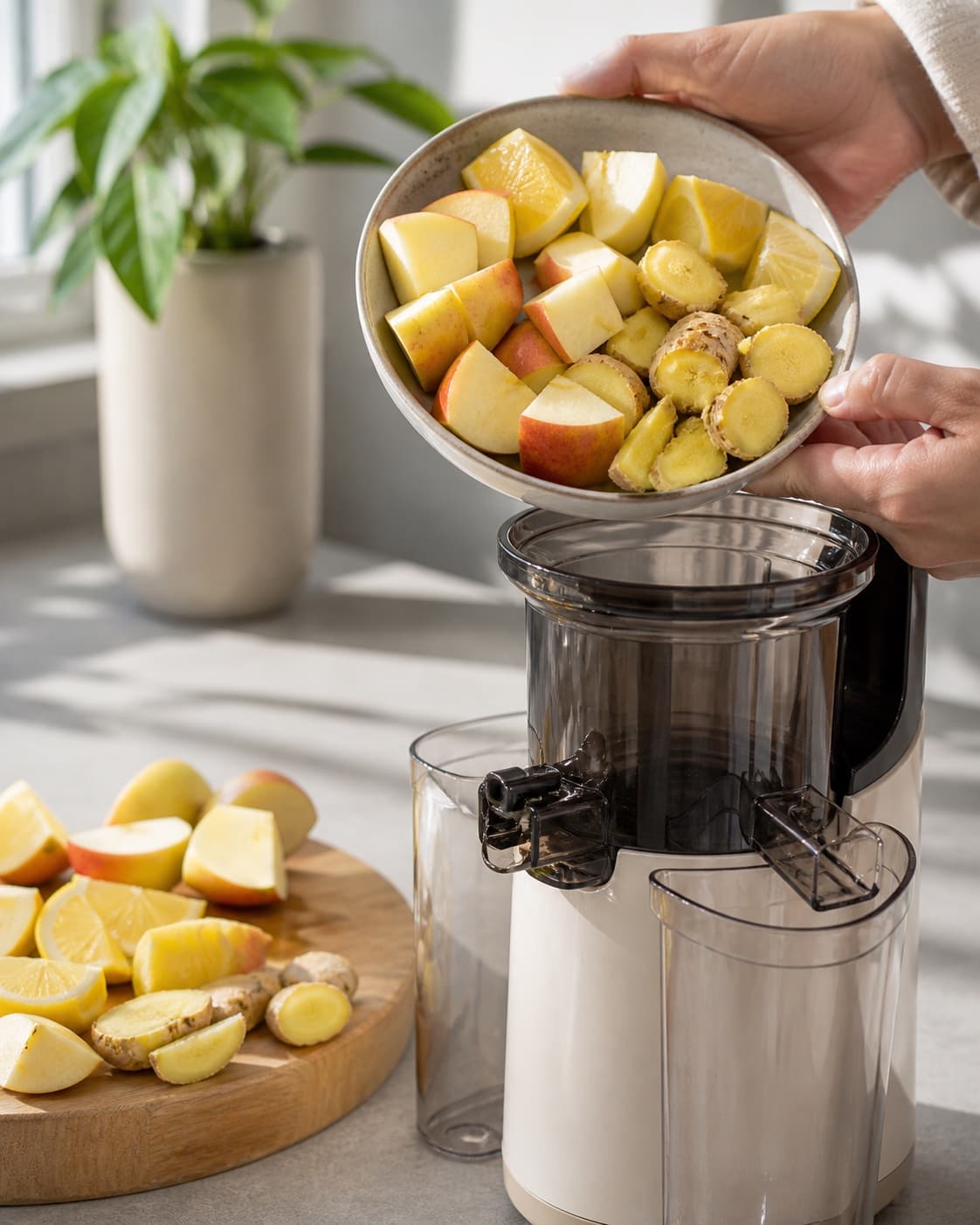 One single photorealistic instructional frame of the produce cut into juicer-size pieces for Ingefærshots, featuring frisk ingefær, citroner, æbler, with only the named equipment and no unrelated food, text, logos or packaging under tilberedningen af ingefærshots