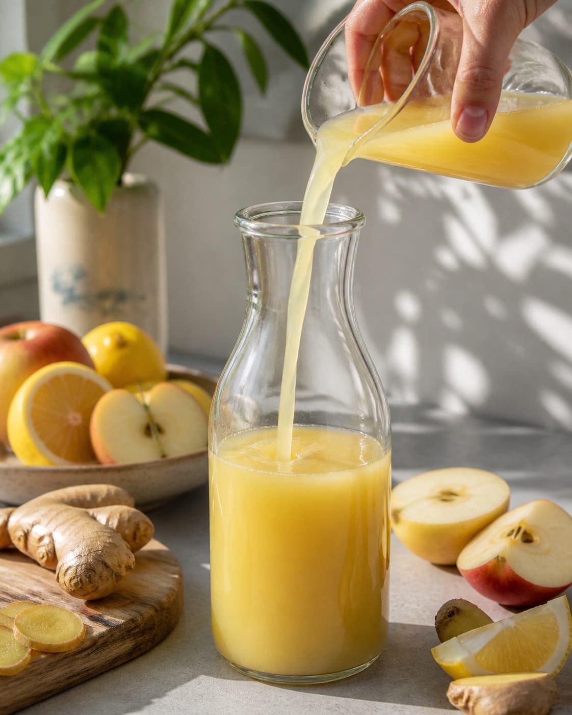 One single photorealistic instructional frame of colorful fresh juice flowing into one clean jug for Ingefærshots, featuring frisk ingefær, citroner, æbler, with only the named equipment and no unrelated food, text, logos or packaging under tilberedningen af ingefærshots