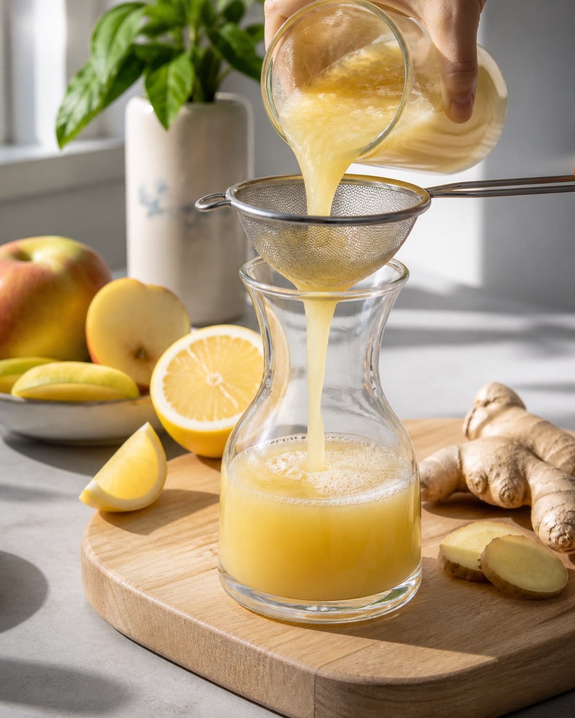 One single photorealistic instructional frame of fresh juice being strained into one jug for Ingefærshots, featuring frisk ingefær, citroner, æbler, with only the named equipment and no unrelated food, text, logos or packaging under tilberedningen af ingefærshots