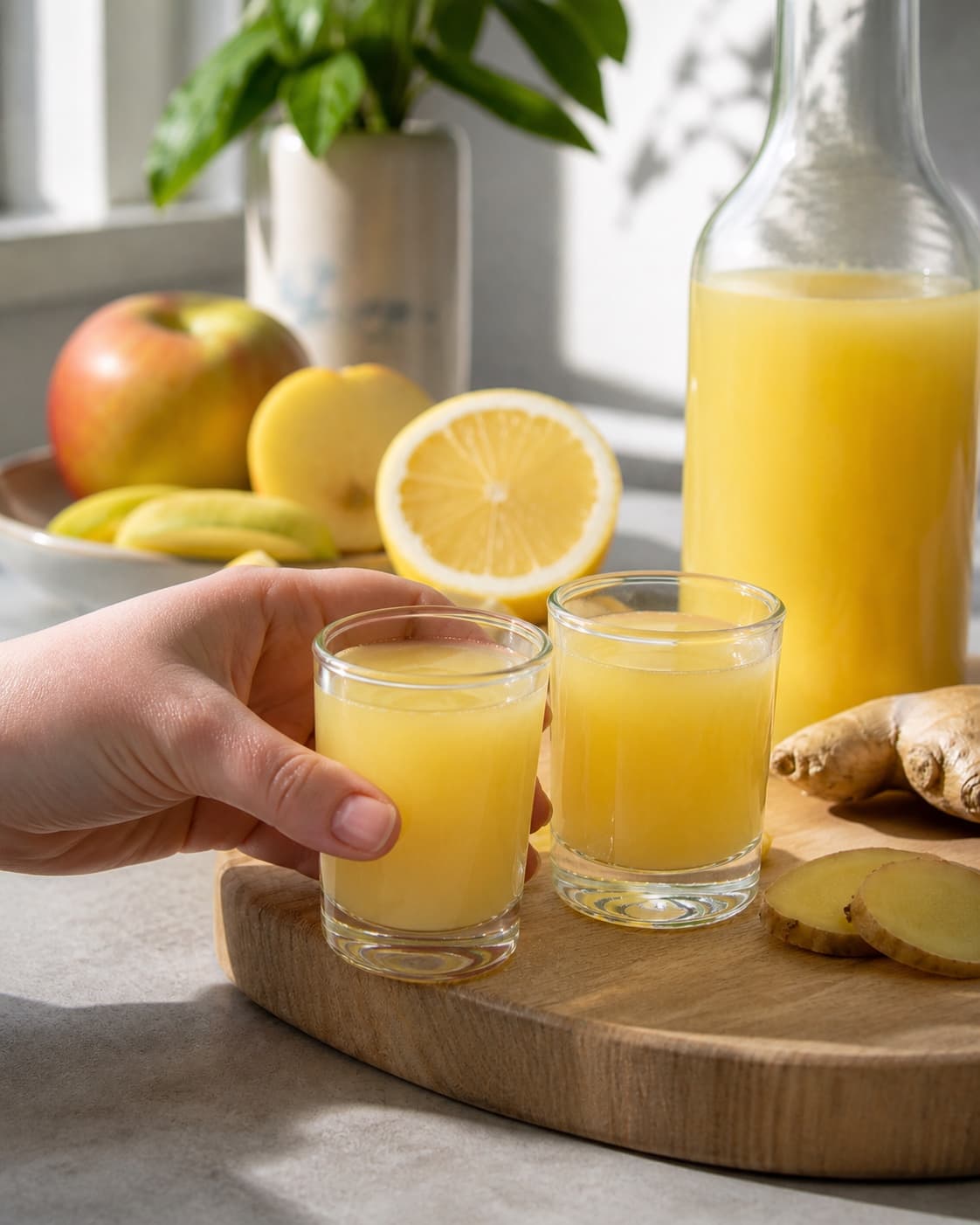One single photorealistic instructional frame of the finished bright juice in clean chilled glasses for Ingefærshots, featuring frisk ingefær, citroner, æbler, with only the named equipment and no unrelated food, text, logos or packaging under tilberedningen af ingefærshots
