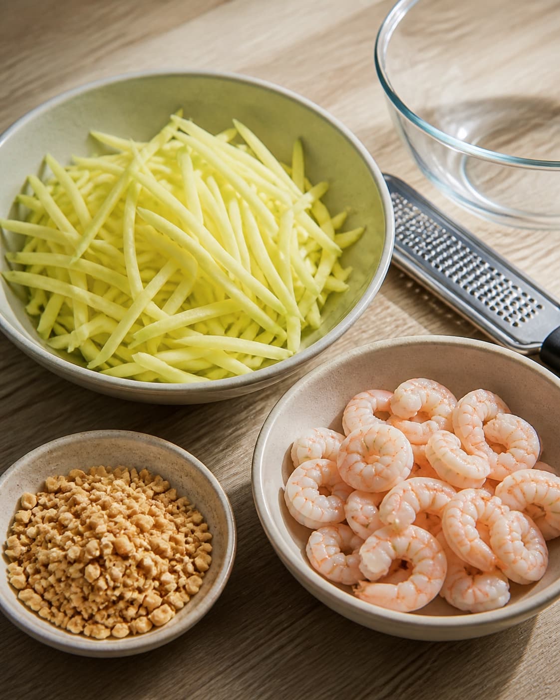 One single photorealistic instructional frame of washed and evenly cut raw ingredients arranged in separate bowls for Grøn mango salat med rejer, featuring grøn mango, rejer, peanuts, with only the named equipment and no unrelated food, text, logos or packaging under tilberedningen af grøn mango salat med rejer