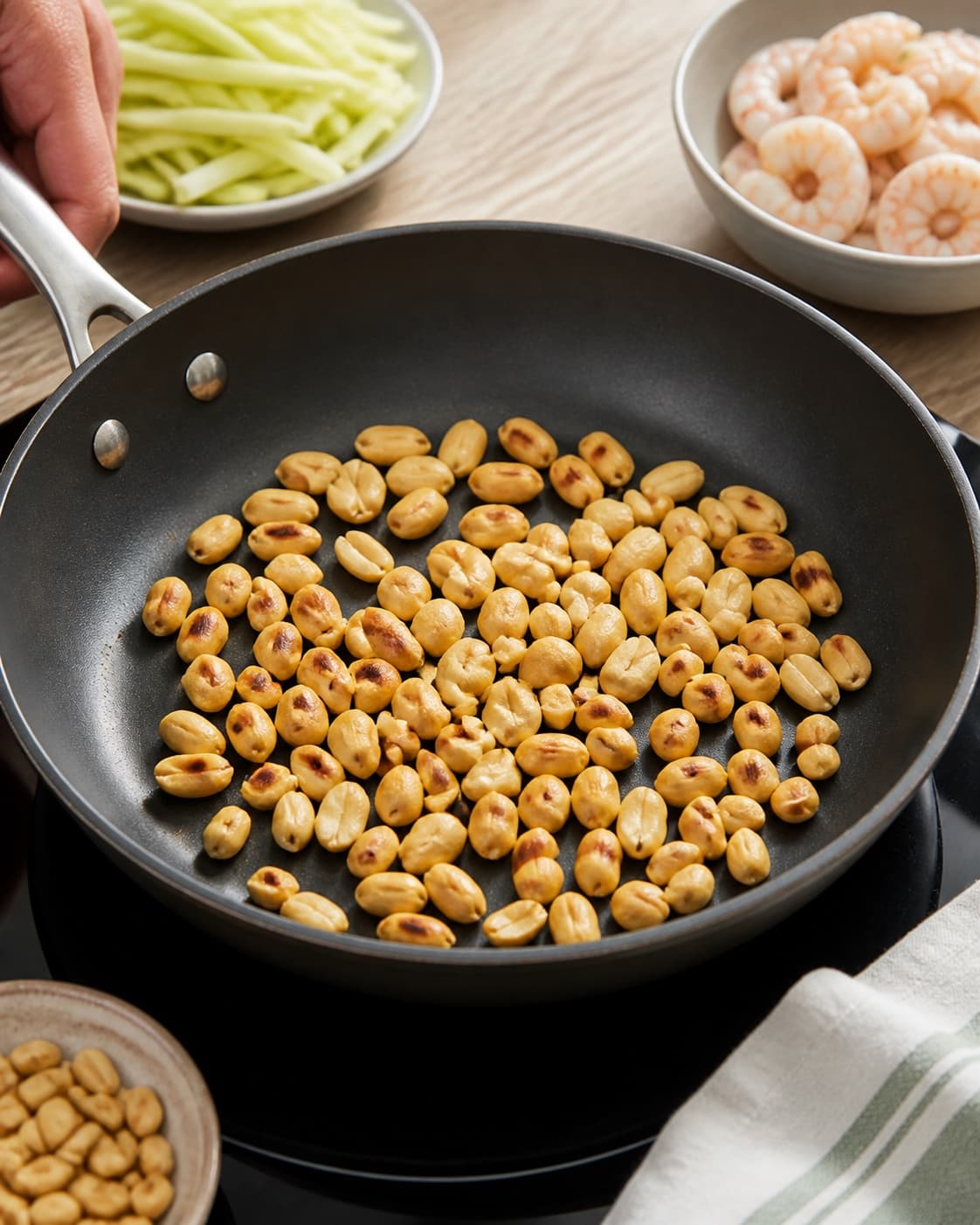 One single photorealistic instructional frame of the main robust ingredient roasting until tender and lightly browned for Grøn mango salat med rejer, featuring grøn mango, rejer, peanuts, with only the named equipment and no unrelated food, text, logos or packaging under tilberedningen af grøn mango salat med rejer