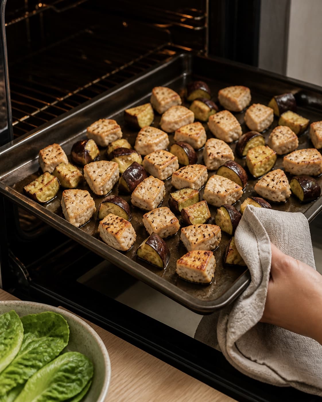 One single photorealistic instructional frame of the main robust ingredient roasting until tender and lightly browned for Salat med Kylling og aubergine, featuring kyllingebryst, aubergine, romainesalat, with only the named equipment and no unrelated food, text, logos or packaging under tilberedningen af salat med kylling og aubergine