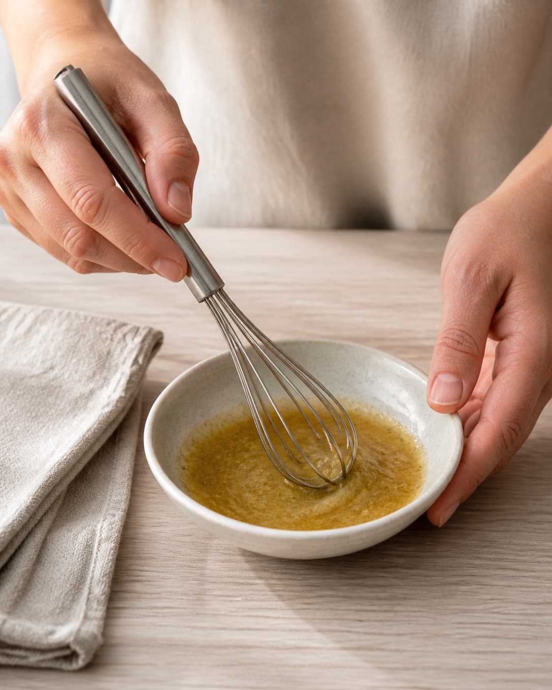 One single photorealistic instructional frame of a glossy dressing being whisked in one small bowl for Salat med Kylling og aubergine, featuring kyllingebryst, aubergine, romainesalat, with only the named equipment and no unrelated food, text, logos or packaging under tilberedningen af salat med kylling og aubergine