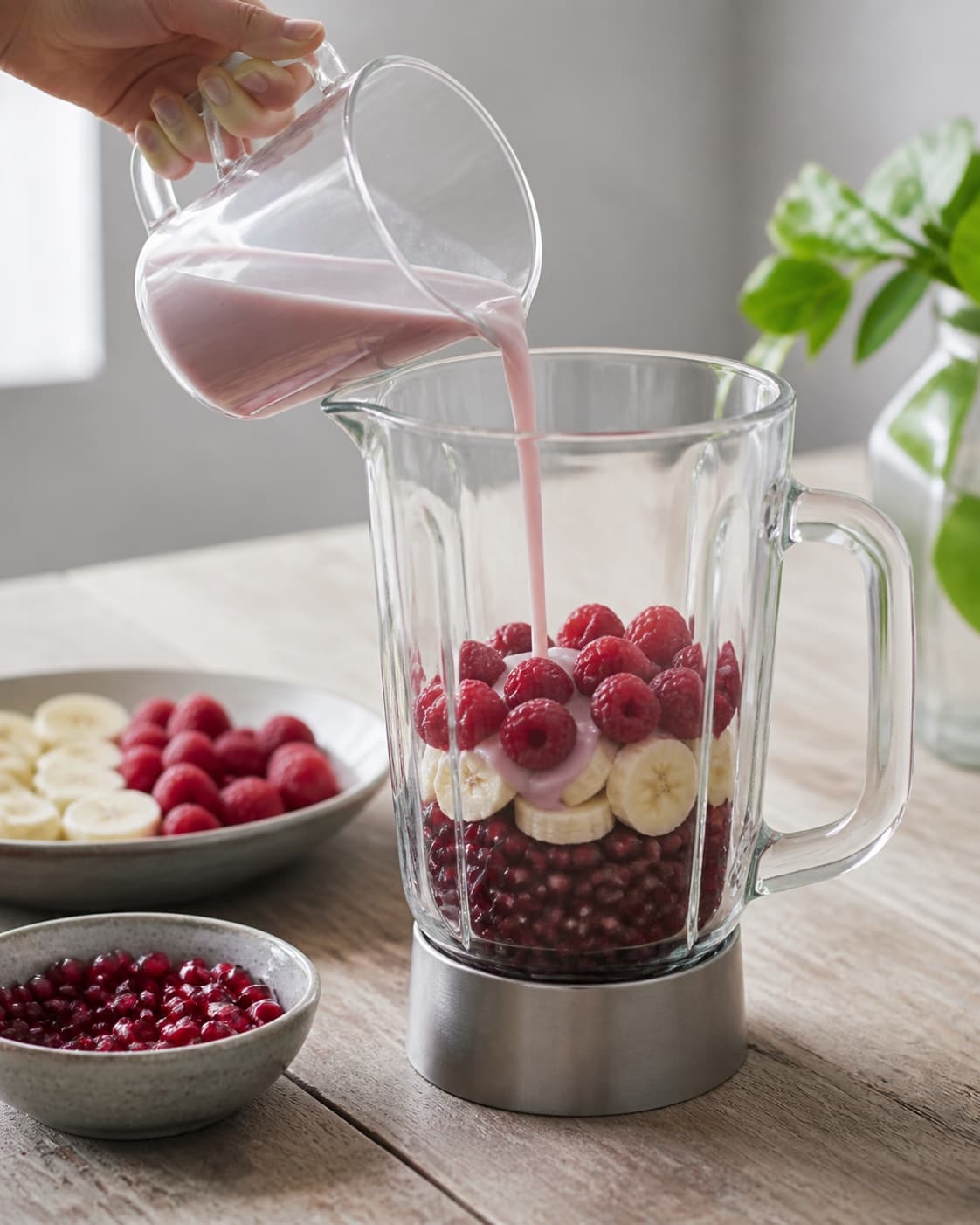 One single photorealistic instructional frame of prepared fruit and measured liquid beside one blender for Granatæble Smoothie, featuring granatæblekerner, banan, hindbær, with only the named equipment and no unrelated food, text, logos or packaging under tilberedningen af granatæble smoothie
