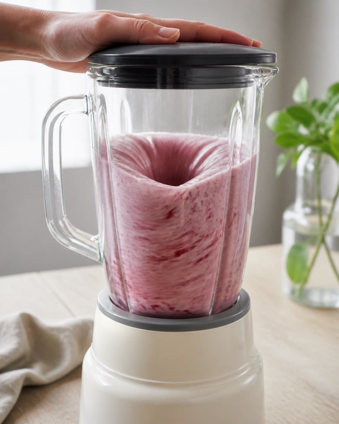 One single photorealistic instructional frame of a smooth pale base swirling inside one blender for Granatæble Smoothie, featuring granatæblekerner, banan, hindbær, with only the named equipment and no unrelated food, text, logos or packaging under tilberedningen af granatæble smoothie