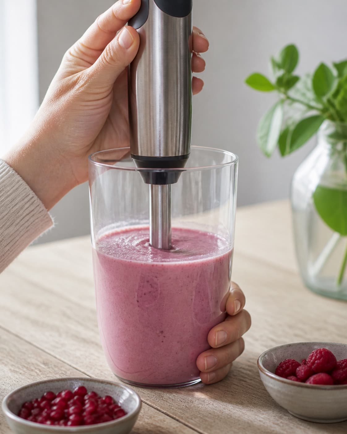 One single photorealistic instructional frame of the final colorful smoothie blending until thick and uniform for Granatæble Smoothie, featuring granatæblekerner, banan, hindbær, with only the named equipment and no unrelated food, text, logos or packaging under tilberedningen af granatæble smoothie