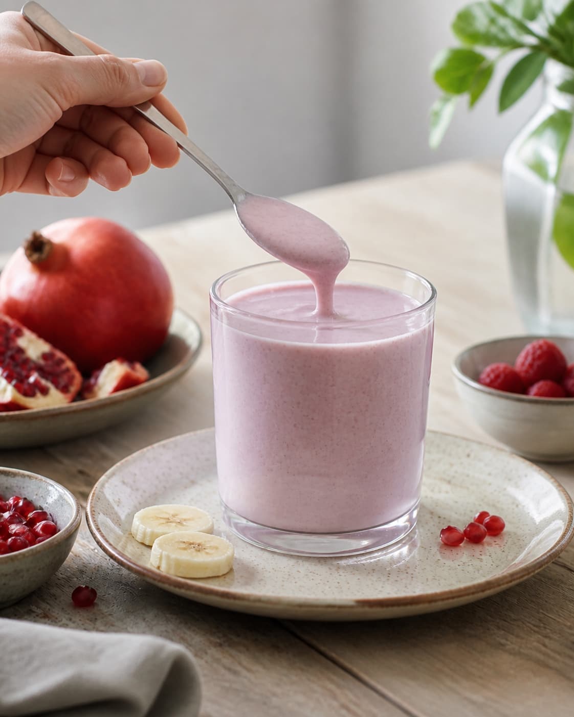 One single photorealistic instructional frame of one spoon checking the thick smoothie consistency for Granatæble Smoothie, featuring granatæblekerner, banan, hindbær, with only the named equipment and no unrelated food, text, logos or packaging under tilberedningen af granatæble smoothie