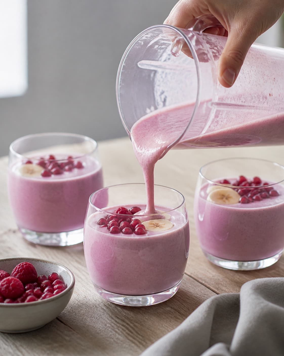 One single photorealistic instructional frame of the finished smoothie poured into clean chilled glasses or bowls for Granatæble Smoothie, featuring granatæblekerner, banan, hindbær, with only the named equipment and no unrelated food, text, logos or packaging under tilberedningen af granatæble smoothie
