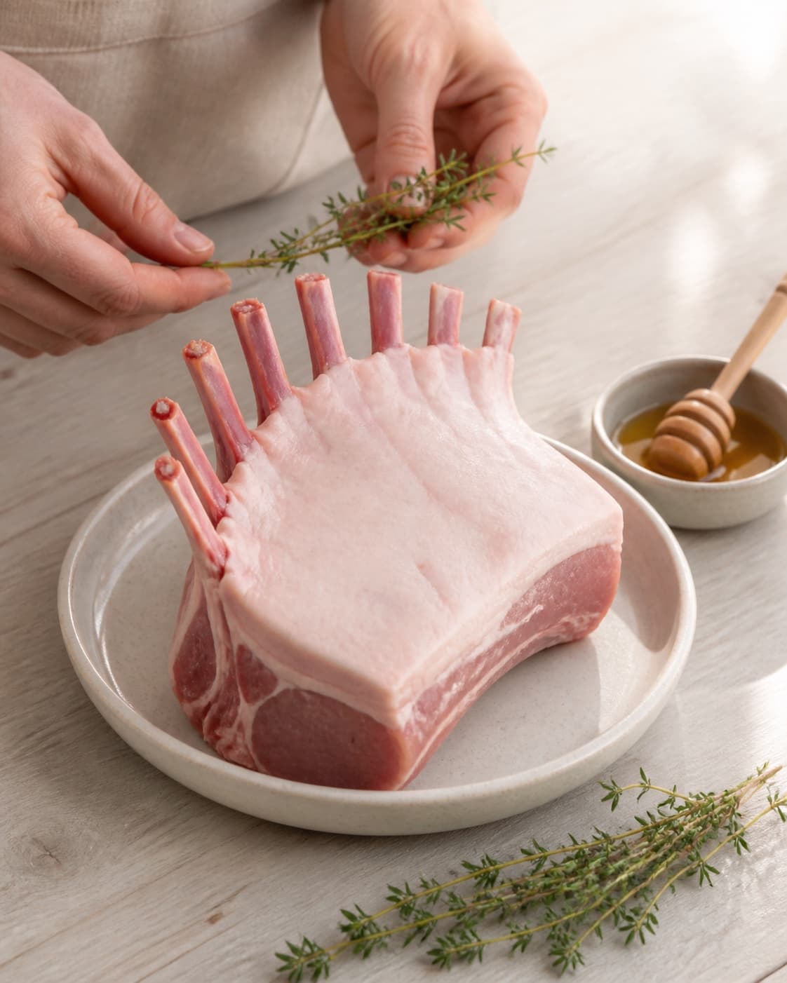 One single photorealistic instructional frame of the main ingredient trimmed cut and dried before roasting for Svinekrone med honning og timian, featuring svinekrone, honning, frisk timian, with only the named equipment and no unrelated food, text, logos or packaging under tilberedningen af svinekrone med honning og timian