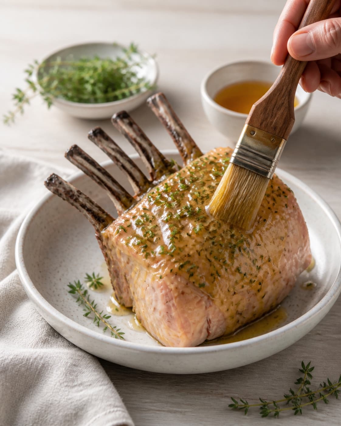 One single photorealistic instructional frame of the main ingredient being evenly coated with seasoning for Svinekrone med honning og timian, featuring svinekrone, honning, frisk timian, with only the named equipment and no unrelated food, text, logos or packaging under tilberedningen af svinekrone med honning og timian