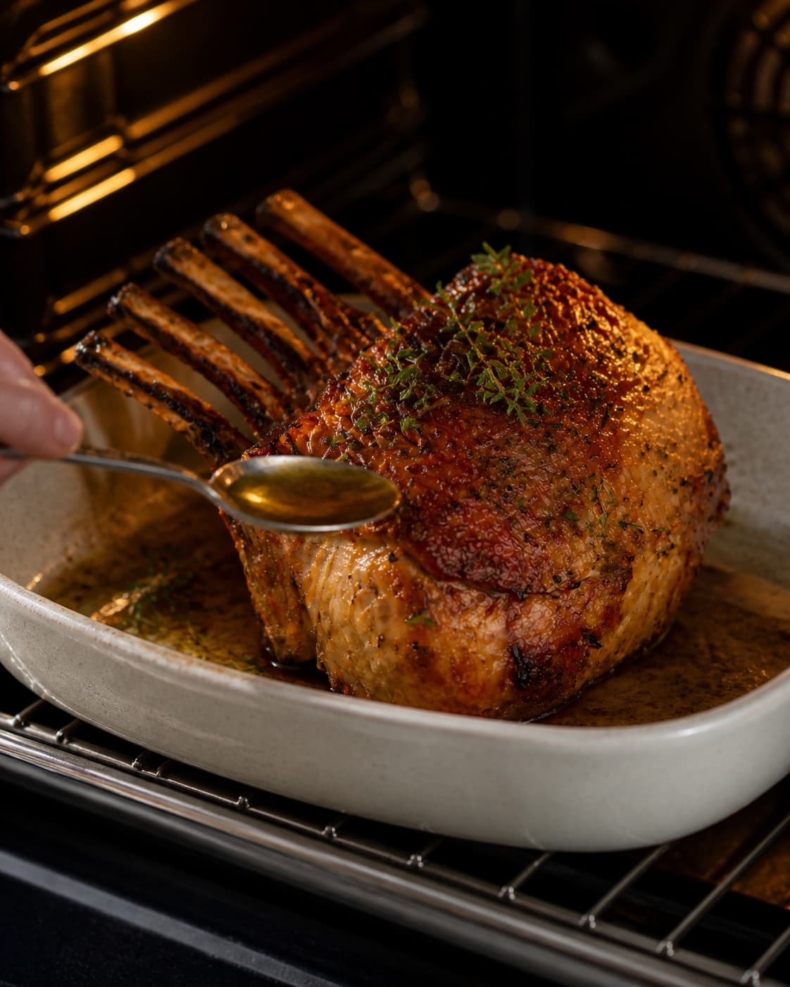 One single photorealistic instructional frame of the seasoned main ingredient roasting until properly cooked for Svinekrone med honning og timian, featuring svinekrone, honning, frisk timian, with only the named equipment and no unrelated food, text, logos or packaging under tilberedningen af svinekrone med honning og timian