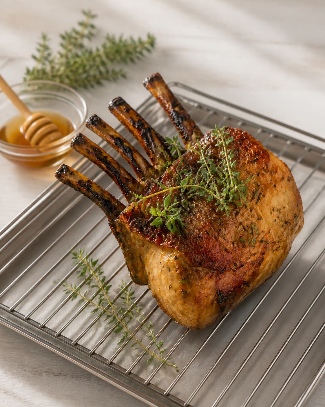 One single photorealistic instructional frame of the cooked ingredient resting uncovered on one rack or platter for Svinekrone med honning og timian, featuring svinekrone, honning, frisk timian, with only the named equipment and no unrelated food, text, logos or packaging under tilberedningen af svinekrone med honning og timian