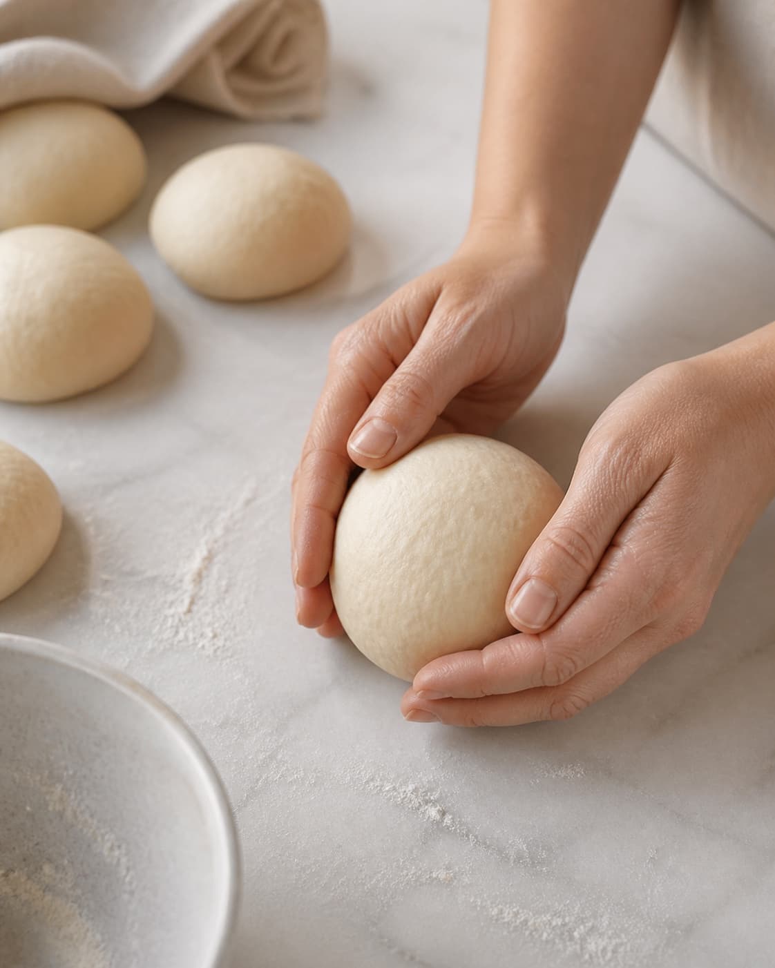 One single photorealistic instructional frame of hands shaping the dough into the recipe-specific form for Burgerboller, featuring hvedemel, gær, mælk, with only the named equipment and no unrelated food, text, logos or packaging under tilberedningen af burgerboller