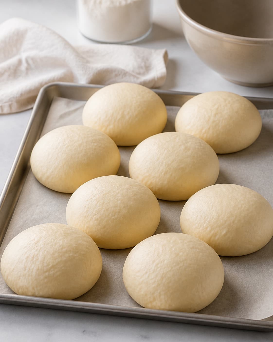 One single photorealistic instructional frame of shaped pale dough pieces visibly risen on one baking tray for Burgerboller, featuring hvedemel, gær, mælk, with only the named equipment and no unrelated food, text, logos or packaging under tilberedningen af burgerboller