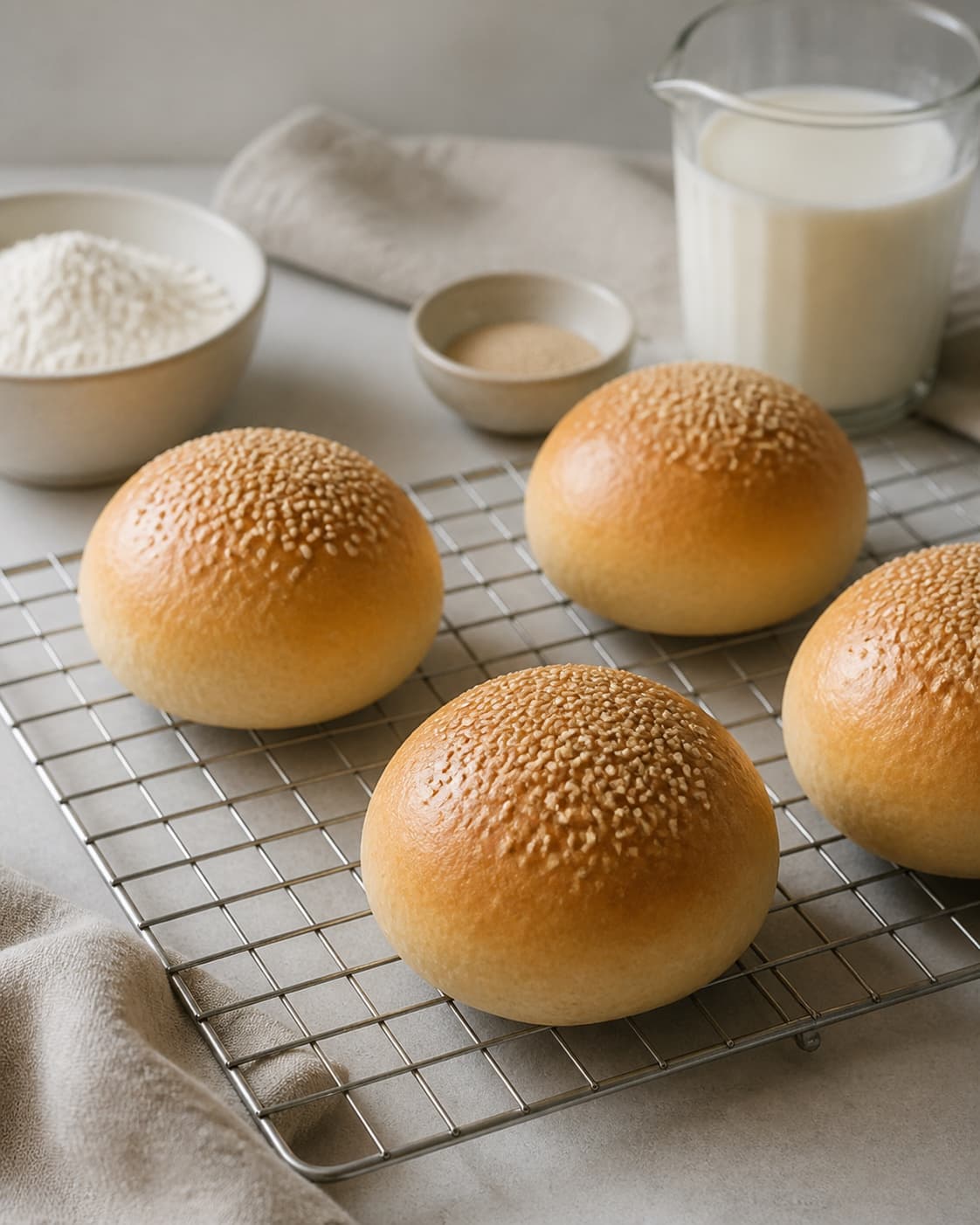 One single photorealistic instructional frame of freshly baked golden bread cooling on one rack for Burgerboller, featuring hvedemel, gær, mælk, with only the named equipment and no unrelated food, text, logos or packaging under tilberedningen af burgerboller