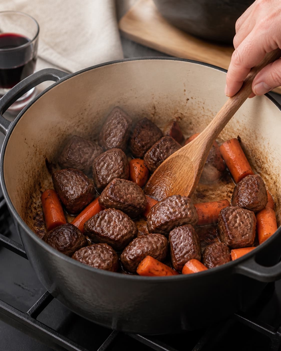 One single photorealistic instructional frame of meat cubes searing deeply brown in one heavy pot for Boeuf Bourguignon, featuring oksebov, rødvin, gulerødder, with only the named equipment and no unrelated food, text, logos or packaging under tilberedningen af boeuf bourguignon