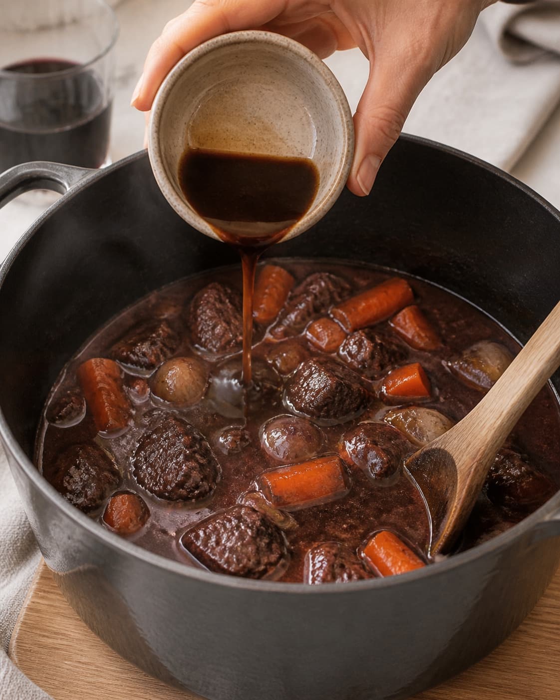 One single photorealistic instructional frame of dark fond dissolving into the added cooking liquid for Boeuf Bourguignon, featuring oksebov, rødvin, gulerødder, with only the named equipment and no unrelated food, text, logos or packaging under tilberedningen af boeuf bourguignon