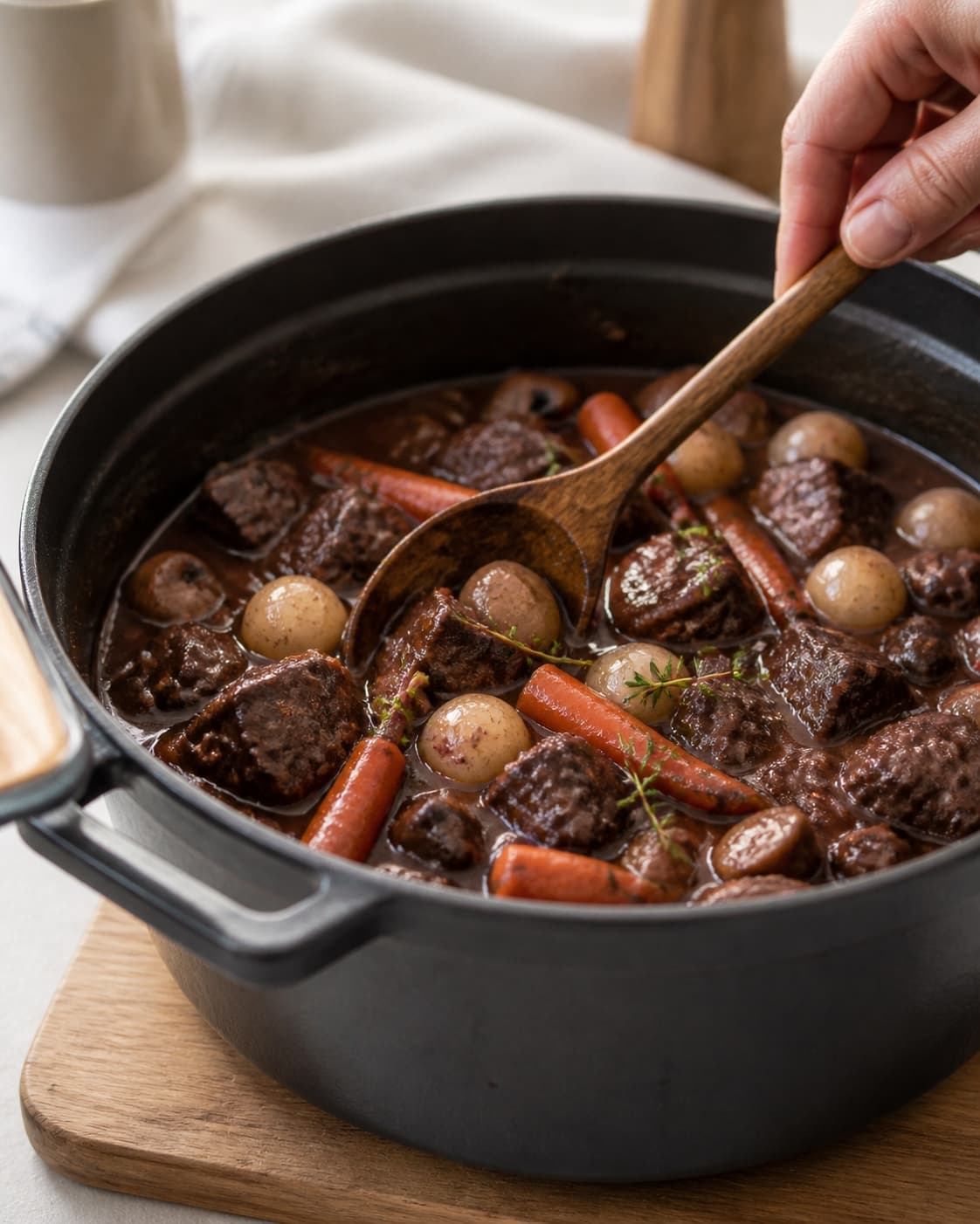 One single photorealistic instructional frame of the finished glossy stew ready in one serving pot for Boeuf Bourguignon, featuring oksebov, rødvin, gulerødder, with only the named equipment and no unrelated food, text, logos or packaging under tilberedningen af boeuf bourguignon
