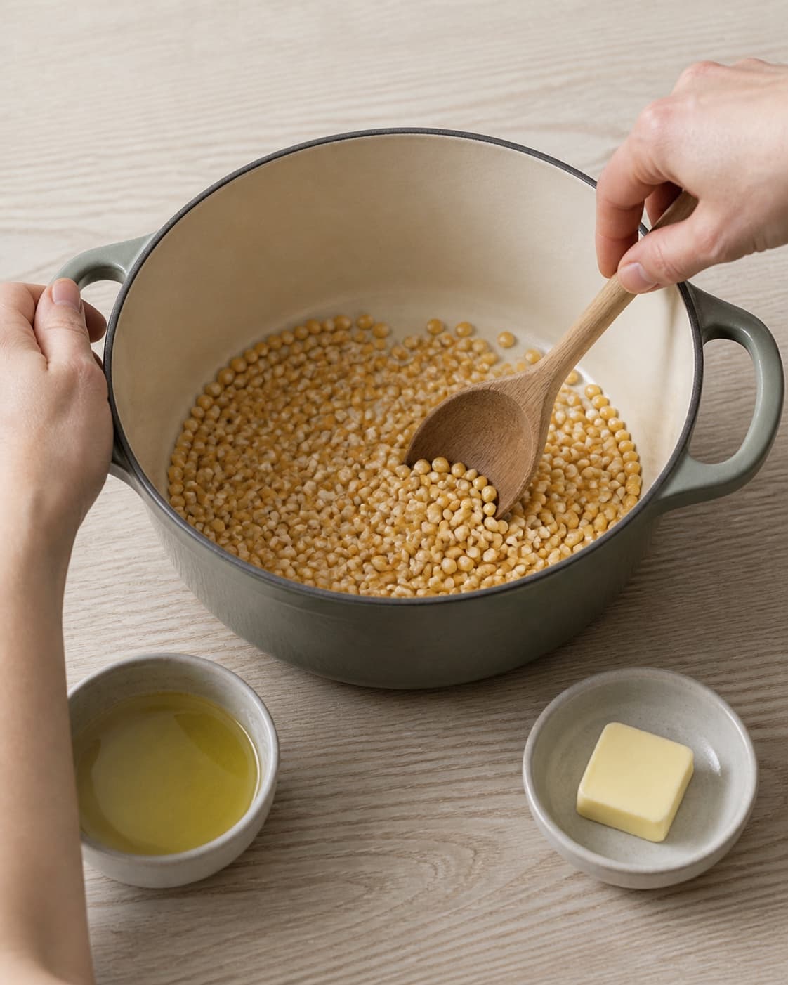 One single photorealistic instructional frame of the main ingredient trimmed cut and dried before roasting for Sourcream & Onion Popcorn, featuring popcornmajs, rapsolie, smør, with only the named equipment and no unrelated food, text, logos or packaging under tilberedningen af sourcream & onion popcorn