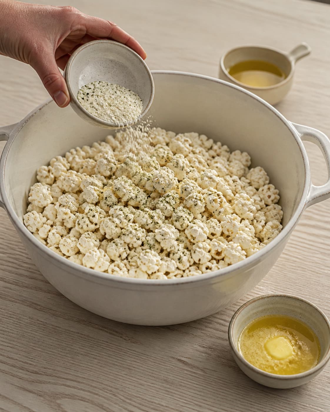 One single photorealistic instructional frame of the main ingredient being evenly coated with seasoning for Sourcream & Onion Popcorn, featuring popcornmajs, rapsolie, smør, with only the named equipment and no unrelated food, text, logos or packaging under tilberedningen af sourcream & onion popcorn