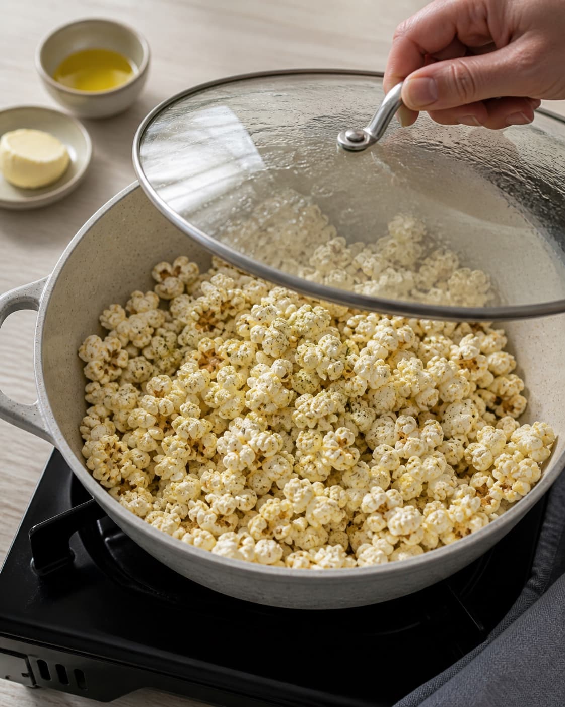 One single photorealistic instructional frame of the seasoned main ingredient roasting until properly cooked for Sourcream & Onion Popcorn, featuring popcornmajs, rapsolie, smør, with only the named equipment and no unrelated food, text, logos or packaging under tilberedningen af sourcream & onion popcorn