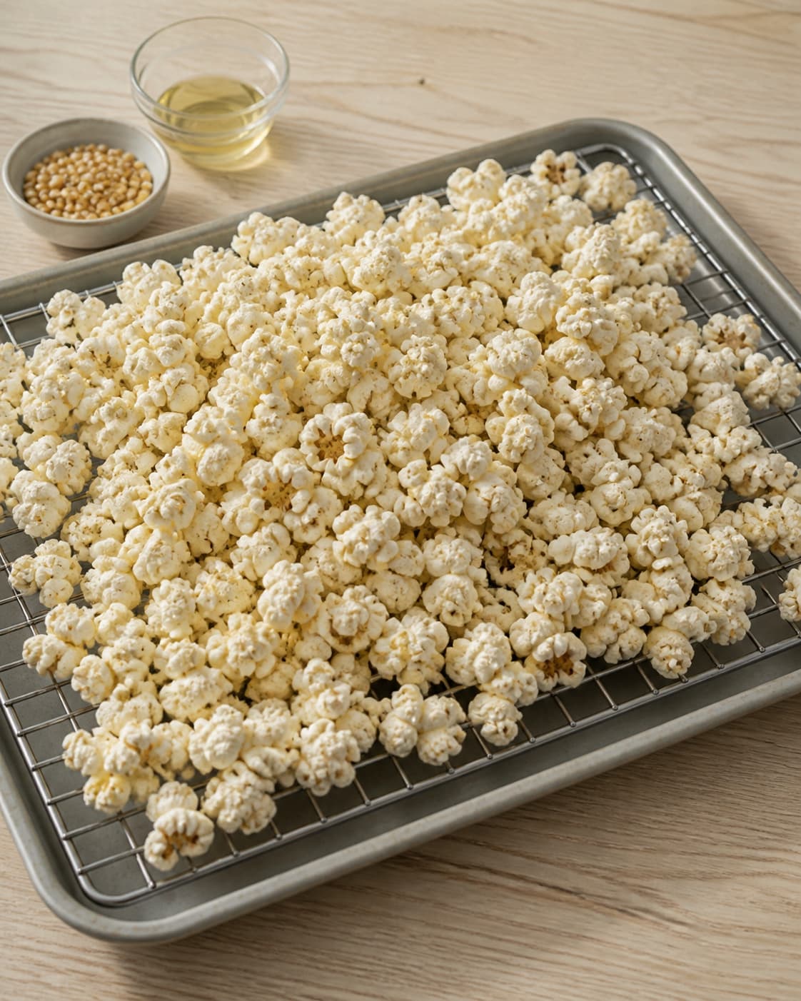 One single photorealistic instructional frame of the cooked ingredient resting uncovered on one rack or platter for Sourcream & Onion Popcorn, featuring popcornmajs, rapsolie, smør, with only the named equipment and no unrelated food, text, logos or packaging under tilberedningen af sourcream & onion popcorn