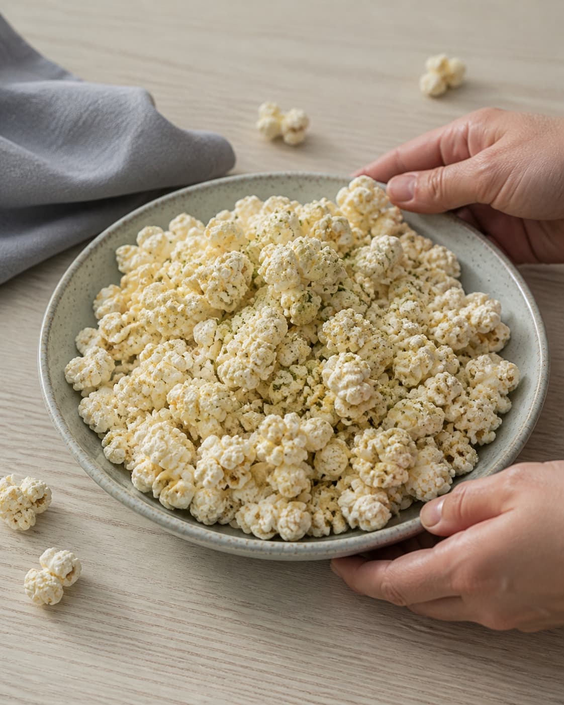 One single photorealistic instructional frame of the finished roasted dish portioned on one serving platter for Sourcream & Onion Popcorn, featuring popcornmajs, rapsolie, smør, with only the named equipment and no unrelated food, text, logos or packaging under tilberedningen af sourcream & onion popcorn