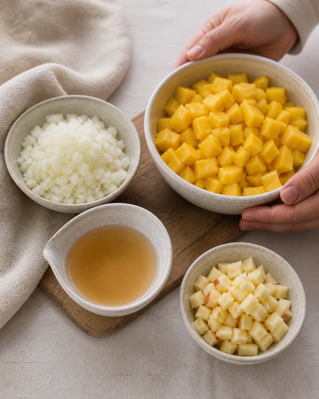 One single photorealistic instructional frame of sauce ingredients prepared in separate bowls for Mango Chutney, featuring mango, løg, æblecidereddike, with only the named equipment and no unrelated food, text, logos or packaging under tilberedningen af mango chutney