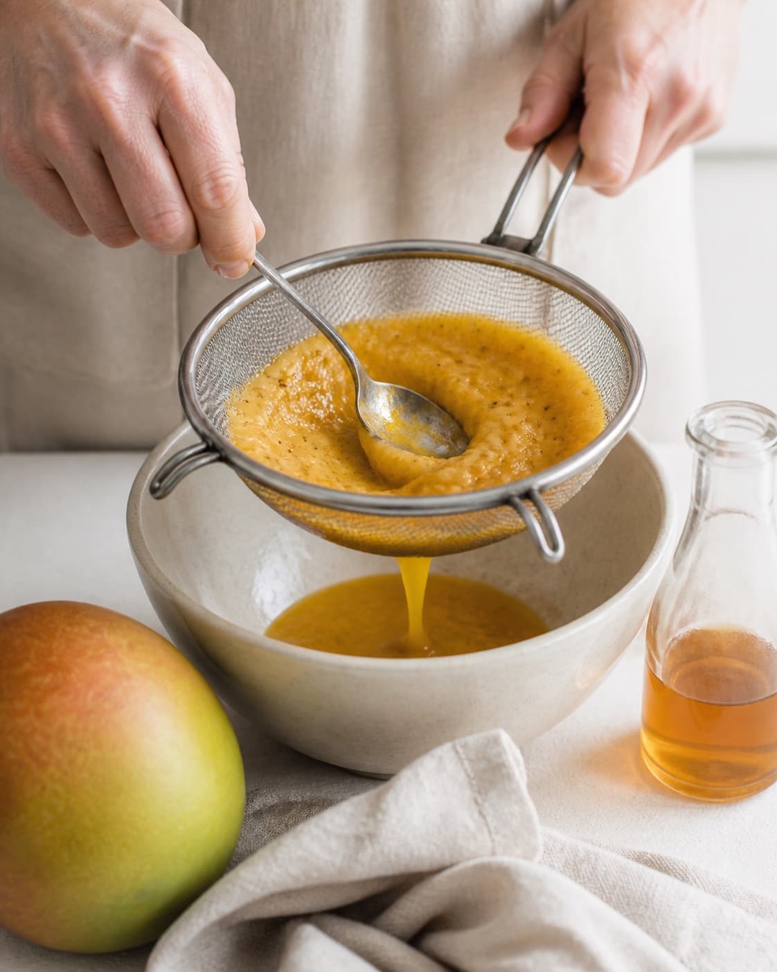 One single photorealistic instructional frame of the cooked sauce being blended or strained smooth for Mango Chutney, featuring mango, løg, æblecidereddike, with only the named equipment and no unrelated food, text, logos or packaging under tilberedningen af mango chutney
