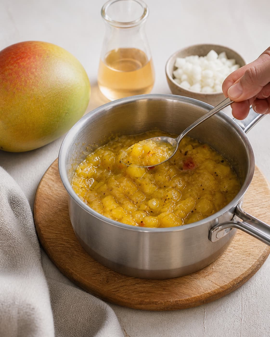 One single photorealistic instructional frame of the sauce consistency and seasoning being checked for Mango Chutney, featuring mango, løg, æblecidereddike, with only the named equipment and no unrelated food, text, logos or packaging under tilberedningen af mango chutney