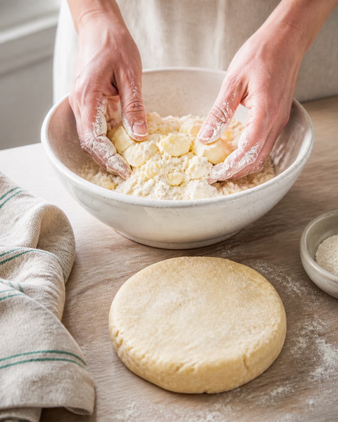Cold butter being rubbed into flour and gathered into one plain pastry dough disk, no spinach, salmon, egg filling or finished tart under tilberedningen af spinattærte med laks