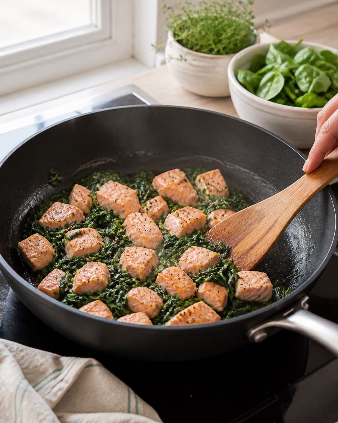 Wilted dry spinach and distinct salmon cubes being prepared in one skillet, no pastry roll or finished tart under tilberedningen af spinattærte med laks