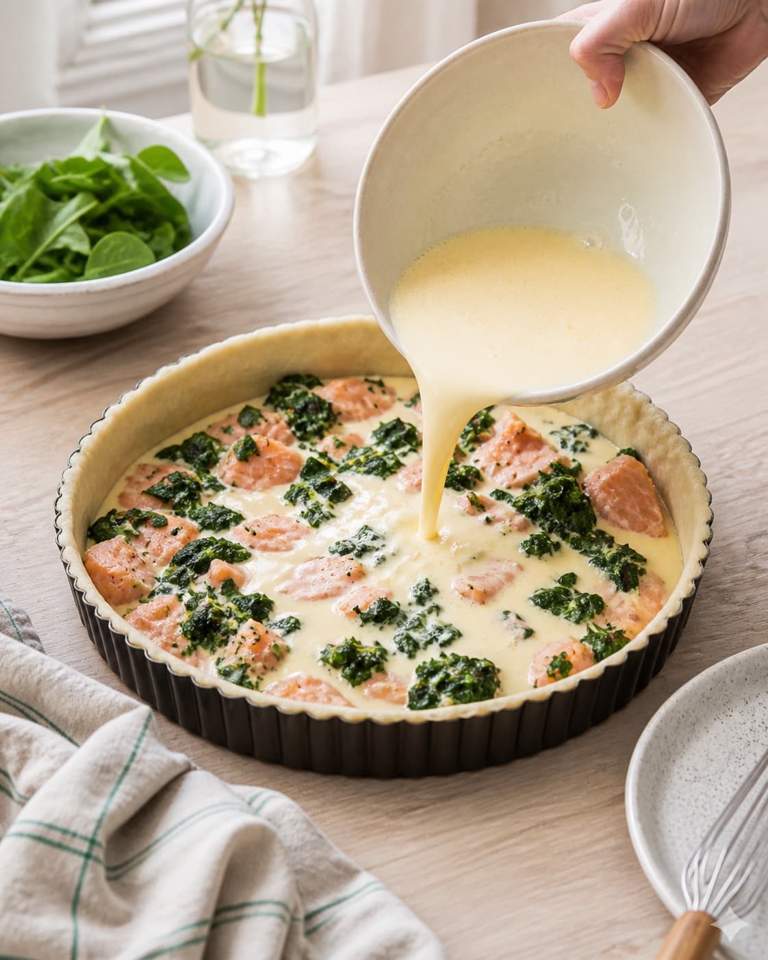 A round prebaked tart shell being filled with spinach salmon egg and cream, no rolled pastry or finished browned tart under tilberedningen af spinattærte med laks