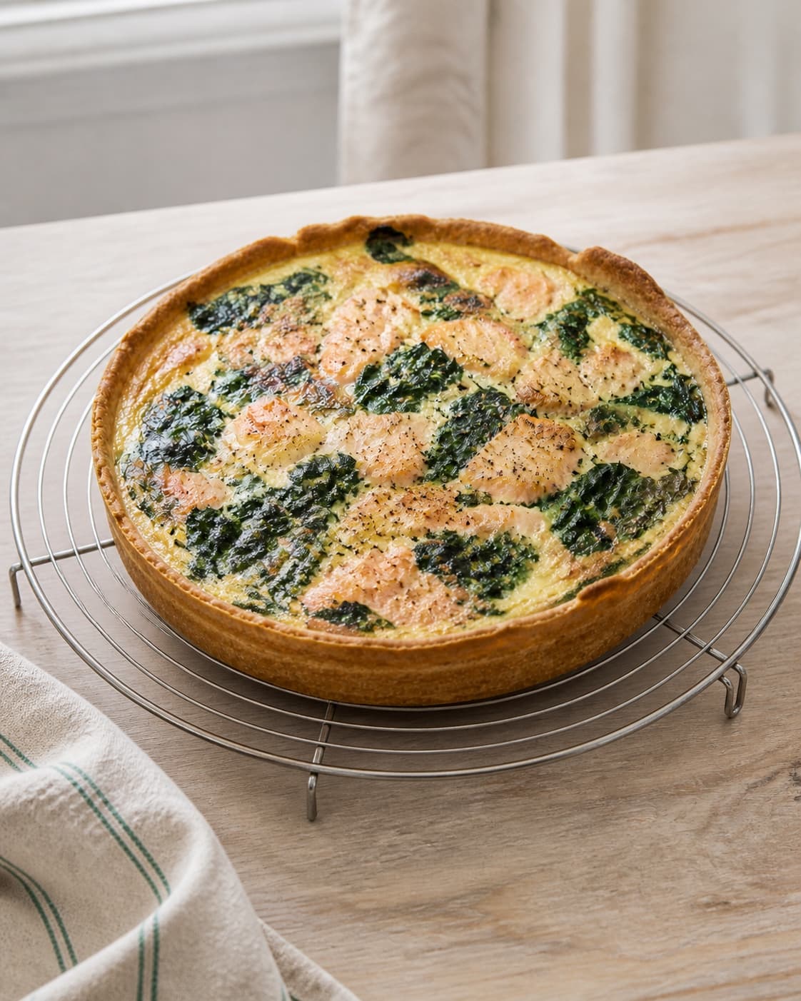 Finished round golden spinach and salmon tart resting on one cooling rack, no extra dishes or text under tilberedningen af spinattærte med laks