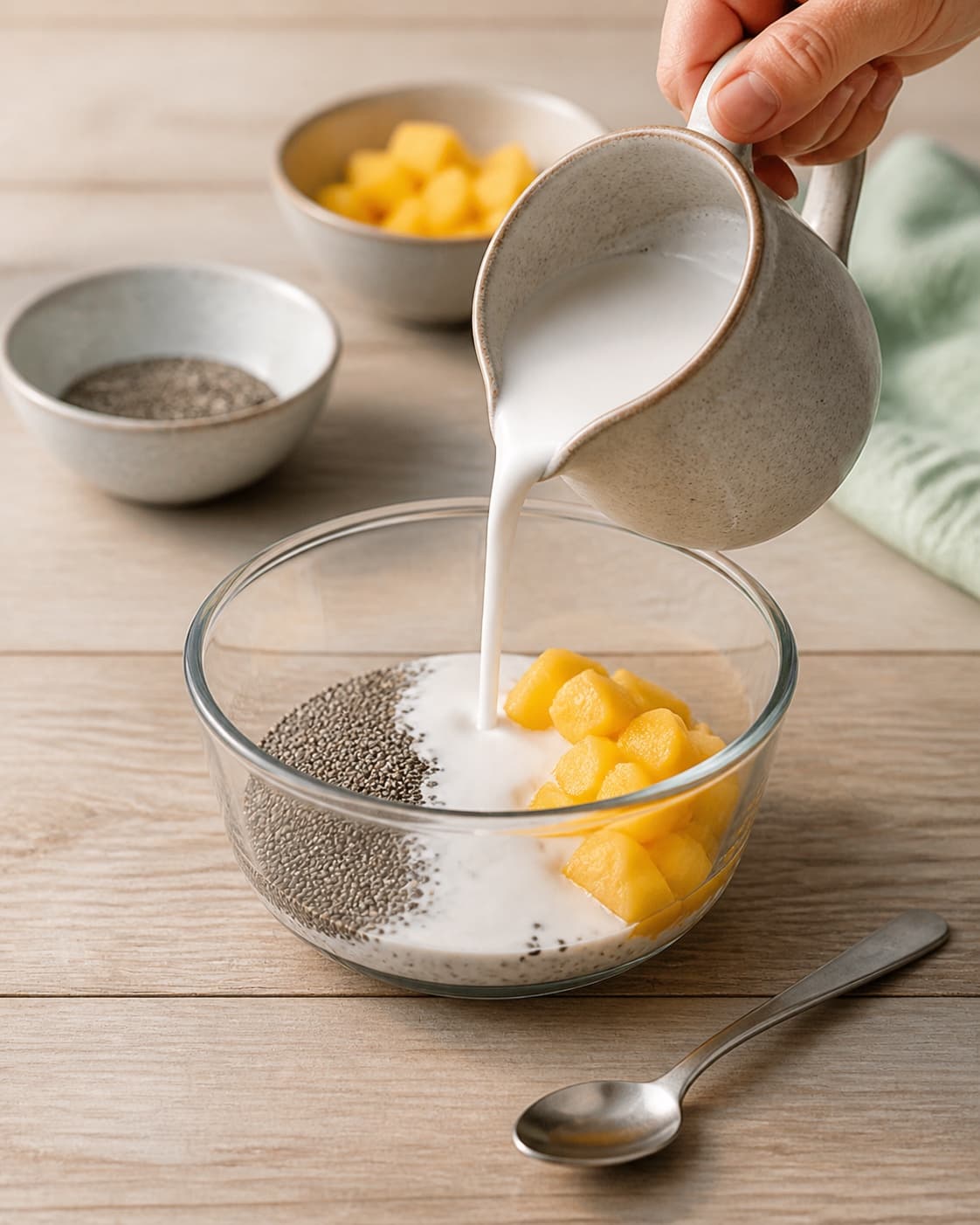 One single photorealistic instructional frame of measured grains seeds and liquid before cooking for Chia Budding med mango, featuring chiafrø, kokosmælk, mango, with only the named equipment and no unrelated food, text, logos or packaging under tilberedningen af chia budding med mango