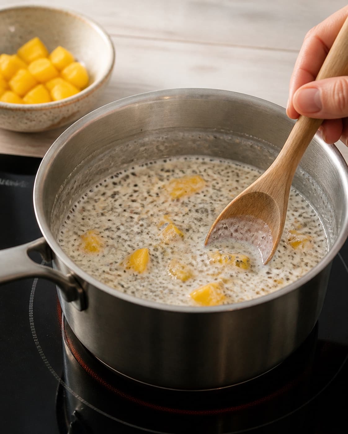 One single photorealistic instructional frame of creamy breakfast porridge gently simmering in one pot for Chia Budding med mango, featuring chiafrø, kokosmælk, mango, with only the named equipment and no unrelated food, text, logos or packaging under tilberedningen af chia budding med mango