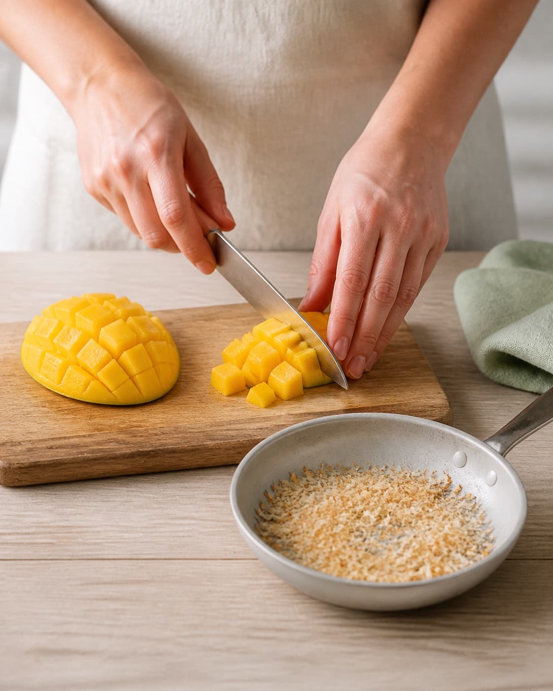 One single photorealistic instructional frame of fresh fruit being cut beside one small pan of toasted topping for Chia Budding med mango, featuring chiafrø, kokosmælk, mango, with only the named equipment and no unrelated food, text, logos or packaging under tilberedningen af chia budding med mango