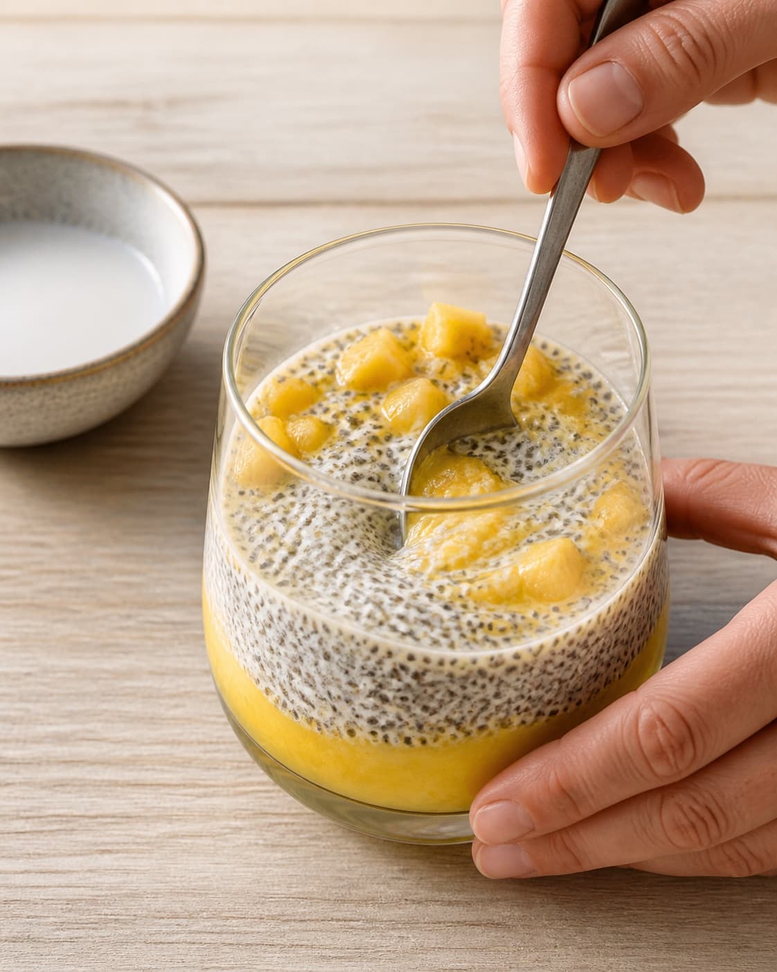 One single photorealistic instructional frame of the porridge consistency being adjusted with a spoon for Chia Budding med mango, featuring chiafrø, kokosmælk, mango, with only the named equipment and no unrelated food, text, logos or packaging under tilberedningen af chia budding med mango