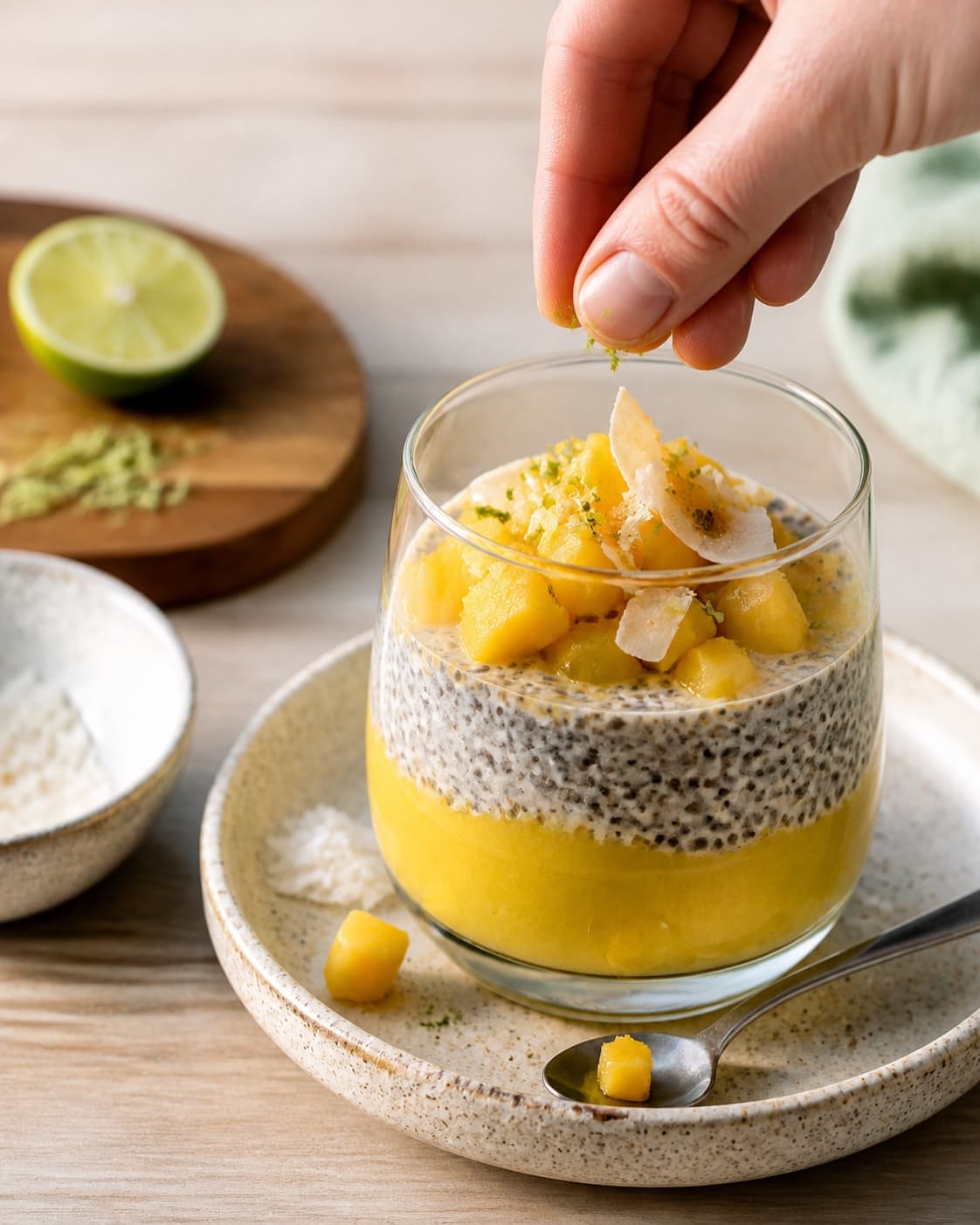 One single photorealistic instructional frame of finished breakfast bowls topped with the named fruit and garnish for Chia Budding med mango, featuring chiafrø, kokosmælk, mango, with only the named equipment and no unrelated food, text, logos or packaging under tilberedningen af chia budding med mango