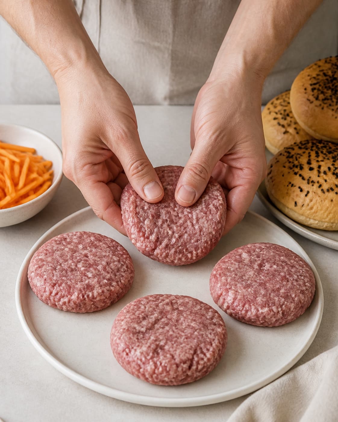 One single photorealistic instructional frame of realistic hands shaping four equal raw burger patties for Banh Mi Burger, featuring hakket svinekød, burgerboller, gulerødder, with only the named equipment and no unrelated food, text, logos or packaging under tilberedningen af banh mi burger