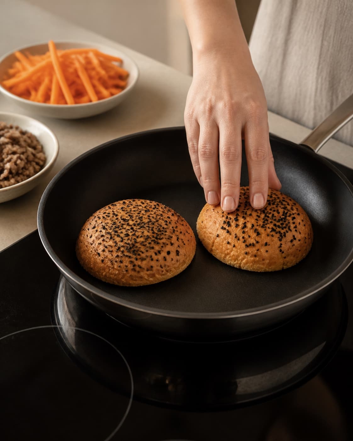 One single photorealistic instructional frame of split burger buns toasting cut-side down for Banh Mi Burger, featuring hakket svinekød, burgerboller, gulerødder, with only the named equipment and no unrelated food, text, logos or packaging under tilberedningen af banh mi burger