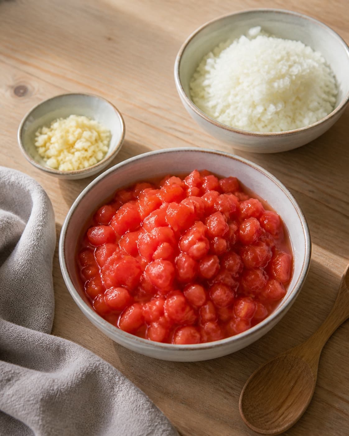 One single photorealistic instructional frame of sauce ingredients prepared in separate bowls for Tomatsauce, featuring modne tomater, løg, hvidløg, with only the named equipment and no unrelated food, text, logos or packaging under tilberedningen af tomatsauce