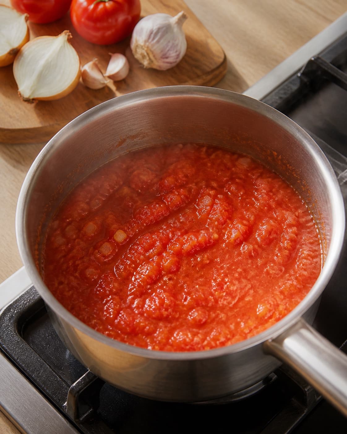 One single photorealistic instructional frame of the sauce base simmering in one saucepan for Tomatsauce, featuring modne tomater, løg, hvidløg, with only the named equipment and no unrelated food, text, logos or packaging under tilberedningen af tomatsauce