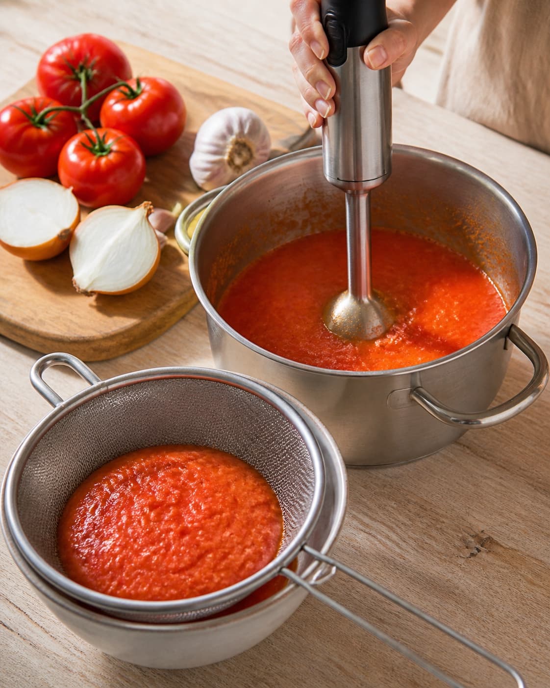 One single photorealistic instructional frame of the cooked sauce being blended or strained smooth for Tomatsauce, featuring modne tomater, løg, hvidløg, with only the named equipment and no unrelated food, text, logos or packaging under tilberedningen af tomatsauce