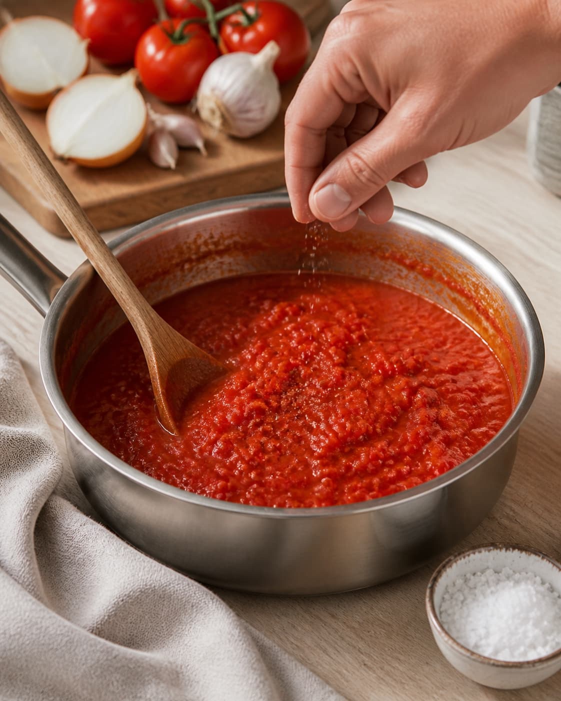 One single photorealistic instructional frame of the sauce consistency and seasoning being checked for Tomatsauce, featuring modne tomater, løg, hvidløg, with only the named equipment and no unrelated food, text, logos or packaging under tilberedningen af tomatsauce